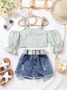 Toddler Girls Gingham Cold Shoulder Top & Ripped Belted Denim Shorts - Multicolor - View 1