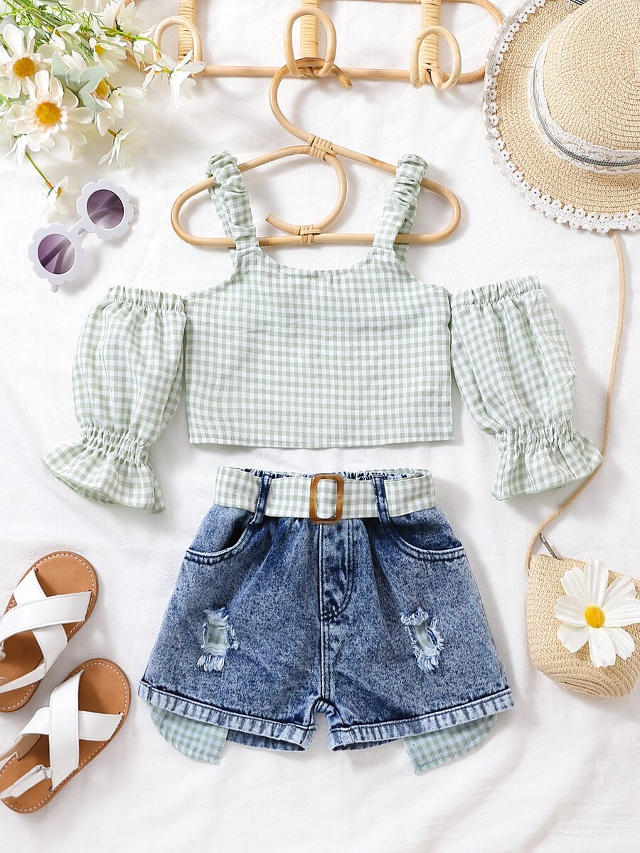 Toddler Girls Gingham Cold Shoulder Top & Ripped Belted Denim Shorts - Multicolor - View 1