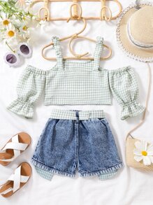 Toddler Girls Gingham Cold Shoulder Top & Ripped Belted Denim Shorts - Multicolor - View 2