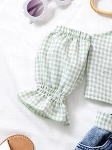 Toddler Girls Gingham Cold Shoulder Top & Ripped Belted Denim Shorts - Multicolor - View 3