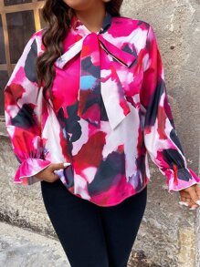 SHEIN LUNE Plus Tie Dye Tie Neck Flounce Sleeve Blouse - Multicolor - View 1