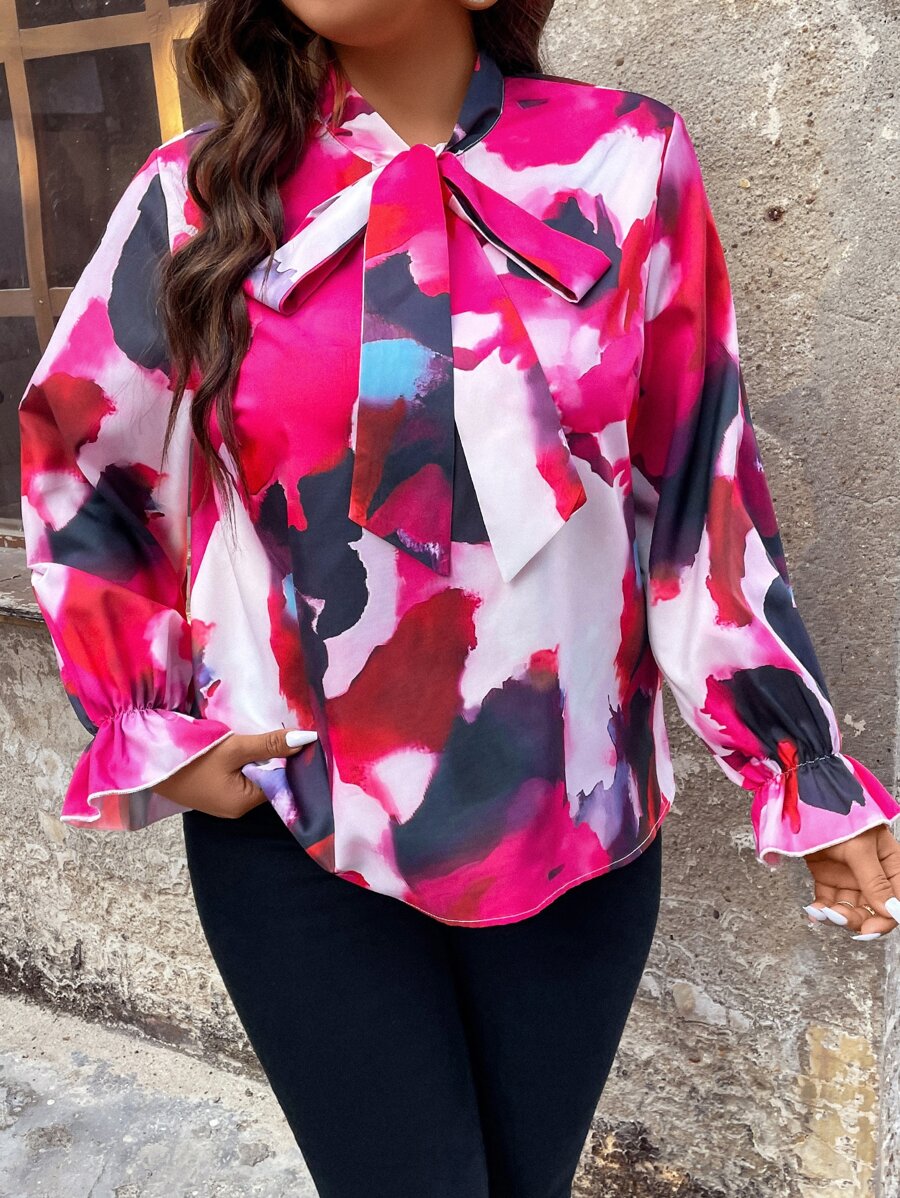 SHEIN LUNE Plus Tie Dye Tie Neck Flounce Sleeve Blouse - Multicolor - View 1