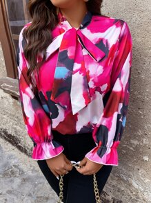 SHEIN LUNE Plus Tie Dye Tie Neck Flounce Sleeve Blouse - Multicolor - View 3