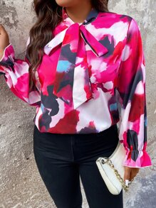 SHEIN LUNE Plus Tie Dye Tie Neck Flounce Sleeve Blouse - Multicolor - View 4