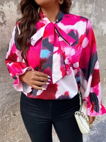 SHEIN LUNE Plus Tie Dye Tie Neck Flounce Sleeve Blouse - Multicolor - View 5