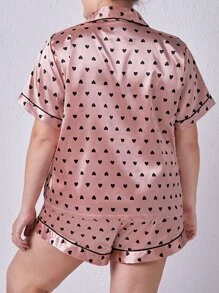 Plus Heart Print Contrast Piping Satin PJ Set - Pink - View 2
