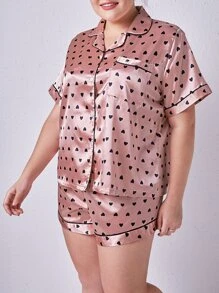 Plus Heart Print Contrast Piping Satin PJ Set - Pink - View 3