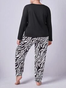 con estampado de dibujos animados y letra de manga raglán Camiseta & de rayas de cebra Pantalones Conjunto de pijama - Blanco y Negro - Ver 2