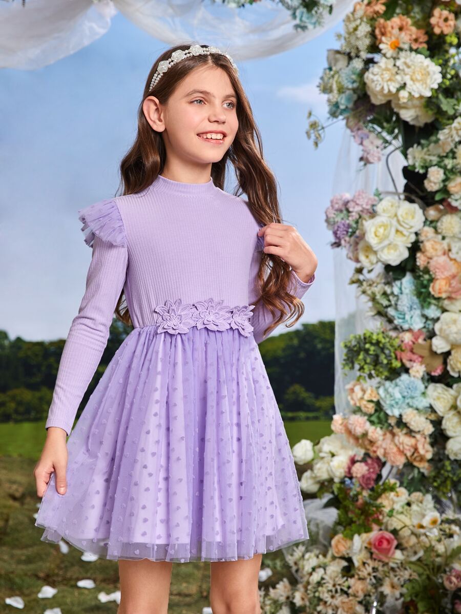 SHEIN Girls Contrast Dobby Mesh Floral Applique Ruffle Trim Dress - Violet Purple - View 1