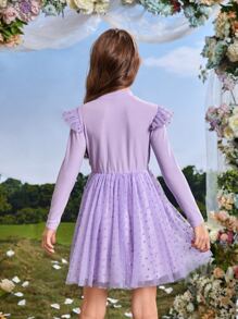 SHEIN Girls Contrast Dobby Mesh Floral Applique Ruffle Trim Dress - Violet Purple - View 2