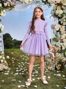 SHEIN Girls Contrast Dobby Mesh Floral Applique Ruffle Trim Dress - Violet Purple - View 3