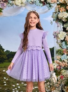SHEIN Girls Contrast Dobby Mesh Floral Applique Ruffle Trim Dress - Violet Purple - View 4