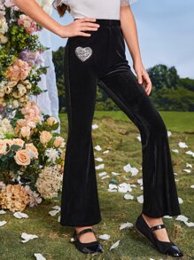 SHEIN Girls Heart Pattern Flare Leg Trousers - Black - View 1