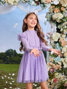 SHEIN Girls Contrast Dobby Mesh Floral Applique Ruffle Trim Dress - Violet Purple - View 5