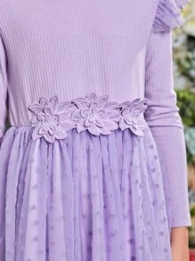 SHEIN Girls Contrast Dobby Mesh Floral Applique Ruffle Trim Dress - Violet Purple - View 6