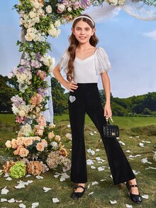 SHEIN Girls Heart Pattern Flare Leg Trousers - Black - View 4