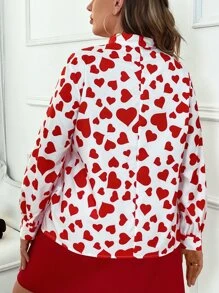 SHEIN LUNE Plus Heart Print Tie Neck Blouse - Red and White - View 2