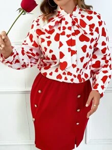SHEIN LUNE Plus Heart Print Tie Neck Blouse - Red and White - View 3
