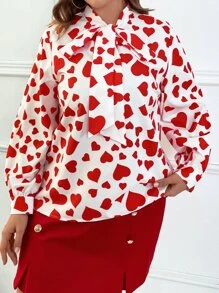 SHEIN LUNE Plus Heart Print Tie Neck Blouse - Red and White - View 4