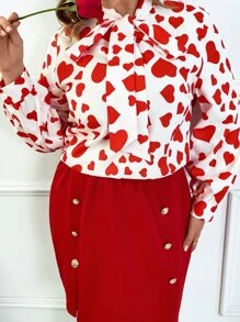 SHEIN LUNE Plus Heart Print Tie Neck Blouse - Red and White - View 5