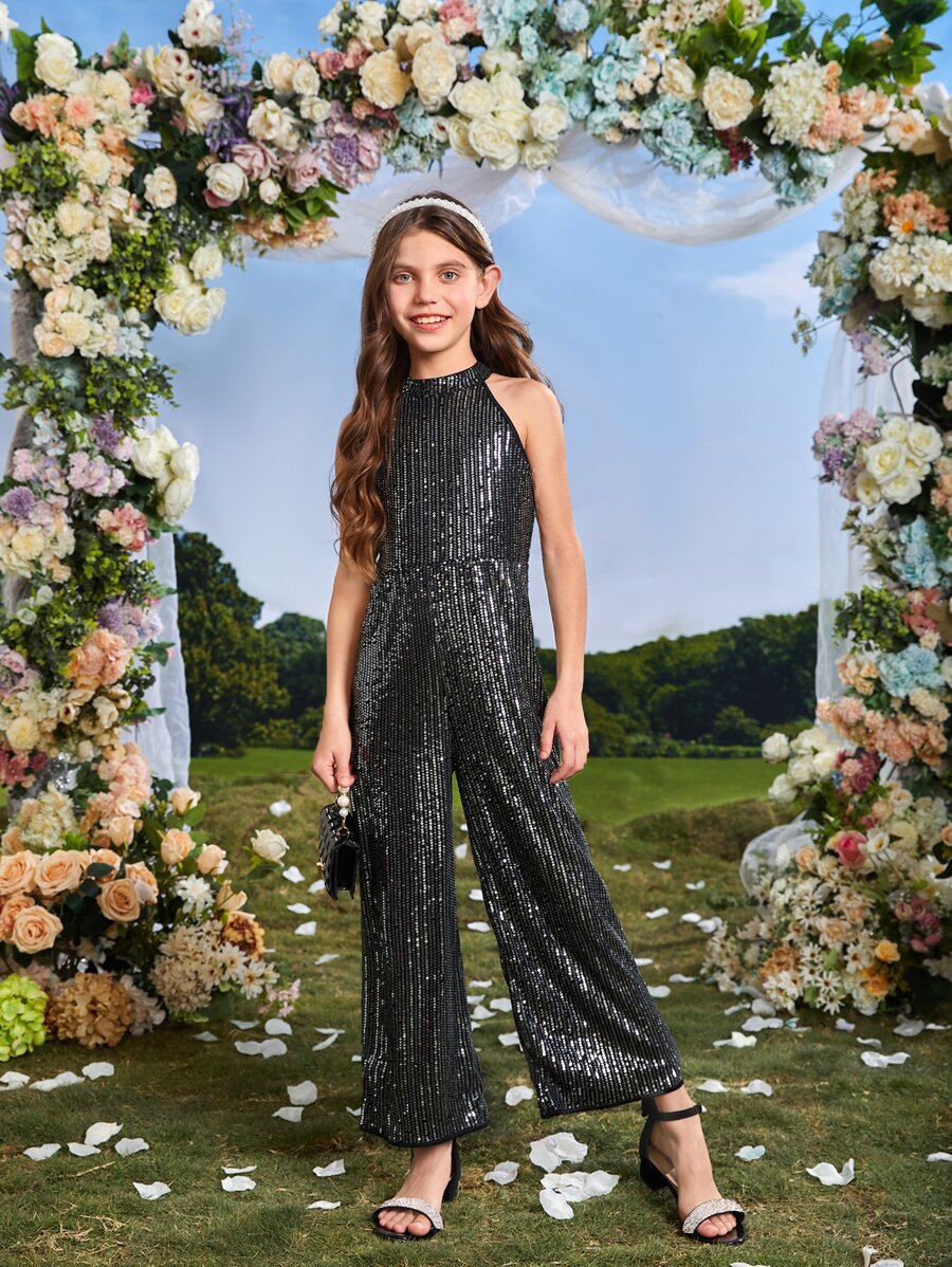 SHEIN 女孩繞頸亮片連身褲 - 黑色 - 查看 1