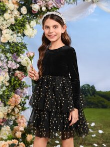 SHEIN Girls Star Mesh Two Layered Hem Velvet Dress - Black - View 1