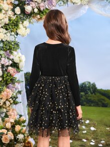 SHEIN Girls Star Mesh Two Layered Hem Velvet Dress - Black - View 2