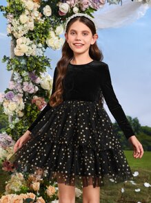 SHEIN Girls Star Mesh Two Layered Hem Velvet Dress - Black - View 4