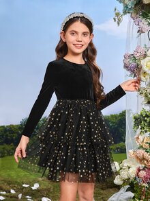 SHEIN Girls Star Mesh Two Layered Hem Velvet Dress - Black - View 5