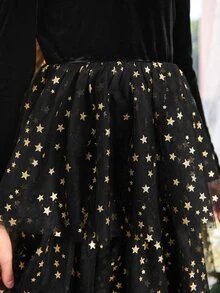 SHEIN Girls Star Mesh Two Layered Hem Velvet Dress - Black - View 6