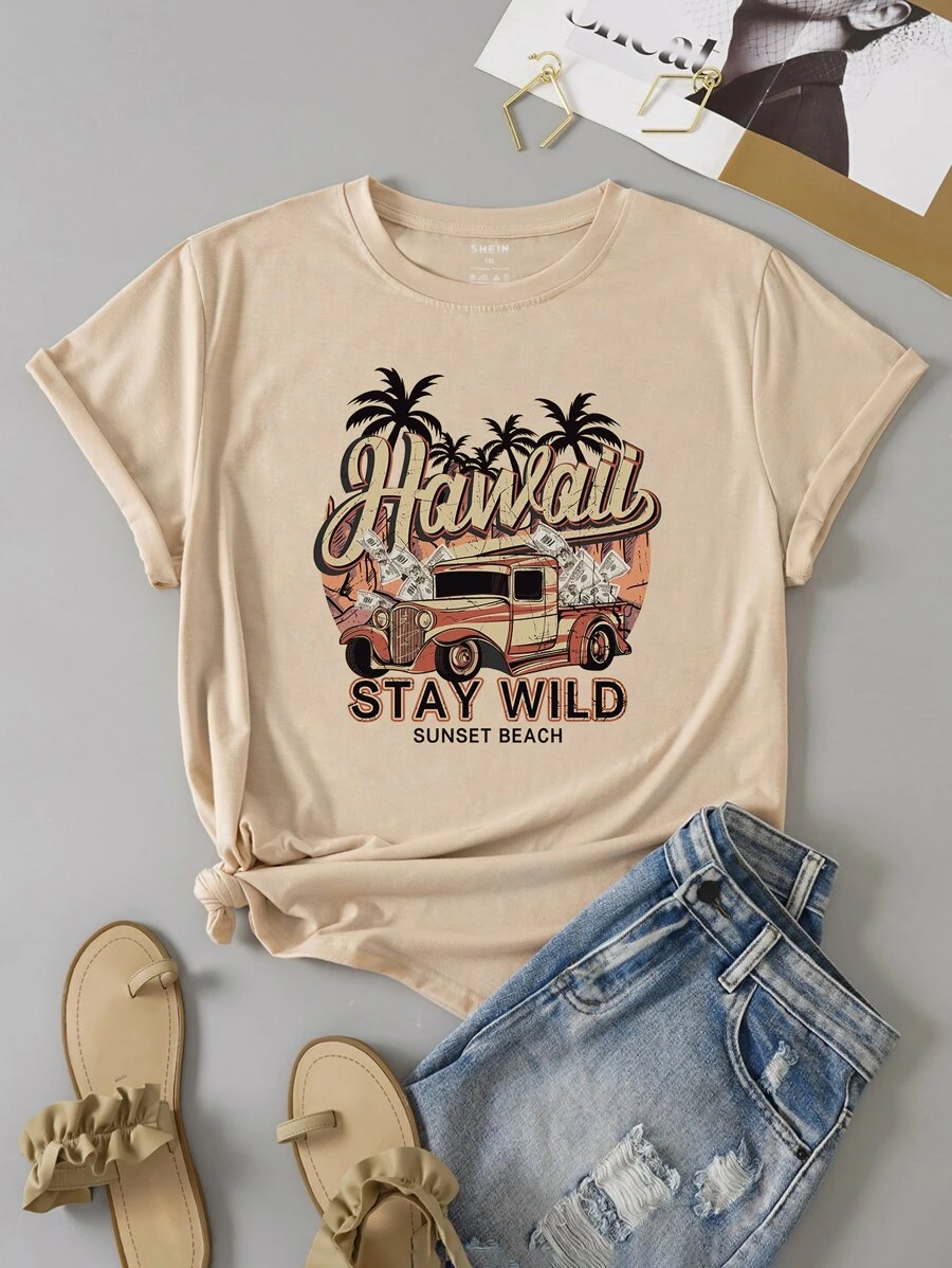 SHEIN LUNE 大碼汽車和字母圖案T恤 - 卡其色 - 查看 1