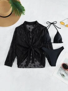 Plain Halter Triangle Summer Beach Bikini Set With Kimono - Black - View 5