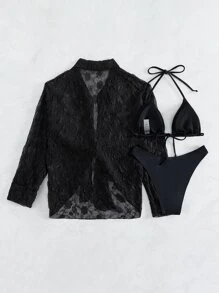 Plain Halter Triangle Summer Beach Bikini Set With Kimono - Black - View 4