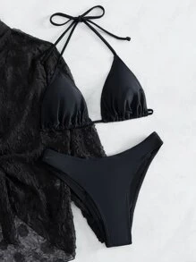 Plain Halter Triangle Summer Beach Bikini Set With Kimono - Black - View 6