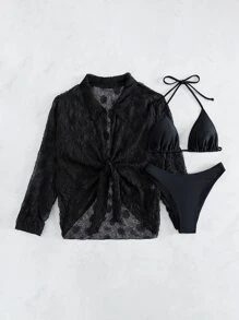 Plain Halter Triangle Summer Beach Bikini Set With Kimono - Black - View 3