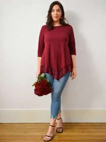 EMERY ROSE Plus Lace Trim Asymmetrical Hem Tee - Burgundy - View 5
