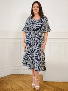 EMERY ROSE Vestido con estampado de hoja de manga con volante - Multicolor - Ver 3