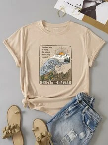 INAWLY Áo thun Plus size Slogan Giải trí - Màu Khaki - Xem 1