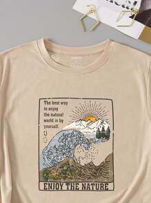 INAWLY Áo thun Plus size Slogan Giải trí - Màu Khaki - Xem 3