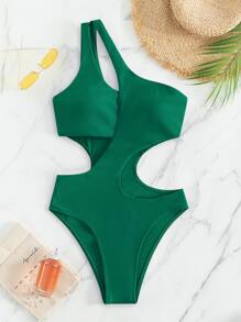 SHEIN Swim Summer Beach Solid Cut Out One Shoulder One Piece Swimsuit - Green - View 3