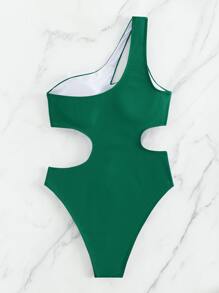 SHEIN Swim Summer Beach Solid Cut Out One Shoulder One Piece Swimsuit - Green - View 4