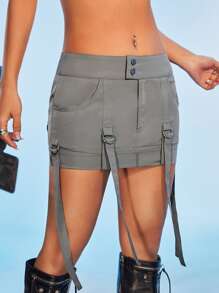 SHEIN ICON 翻蓋口袋帶扣細節半身裙 - 灰色 - 查看 3