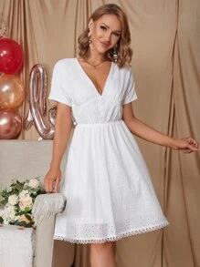 Eilly Bazar Eyelet Embroidery V Neck A-line Dress - White - View 1