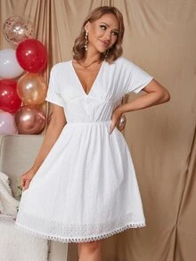 Eilly Bazar Eyelet Embroidery V Neck A-line Dress - White - View 5