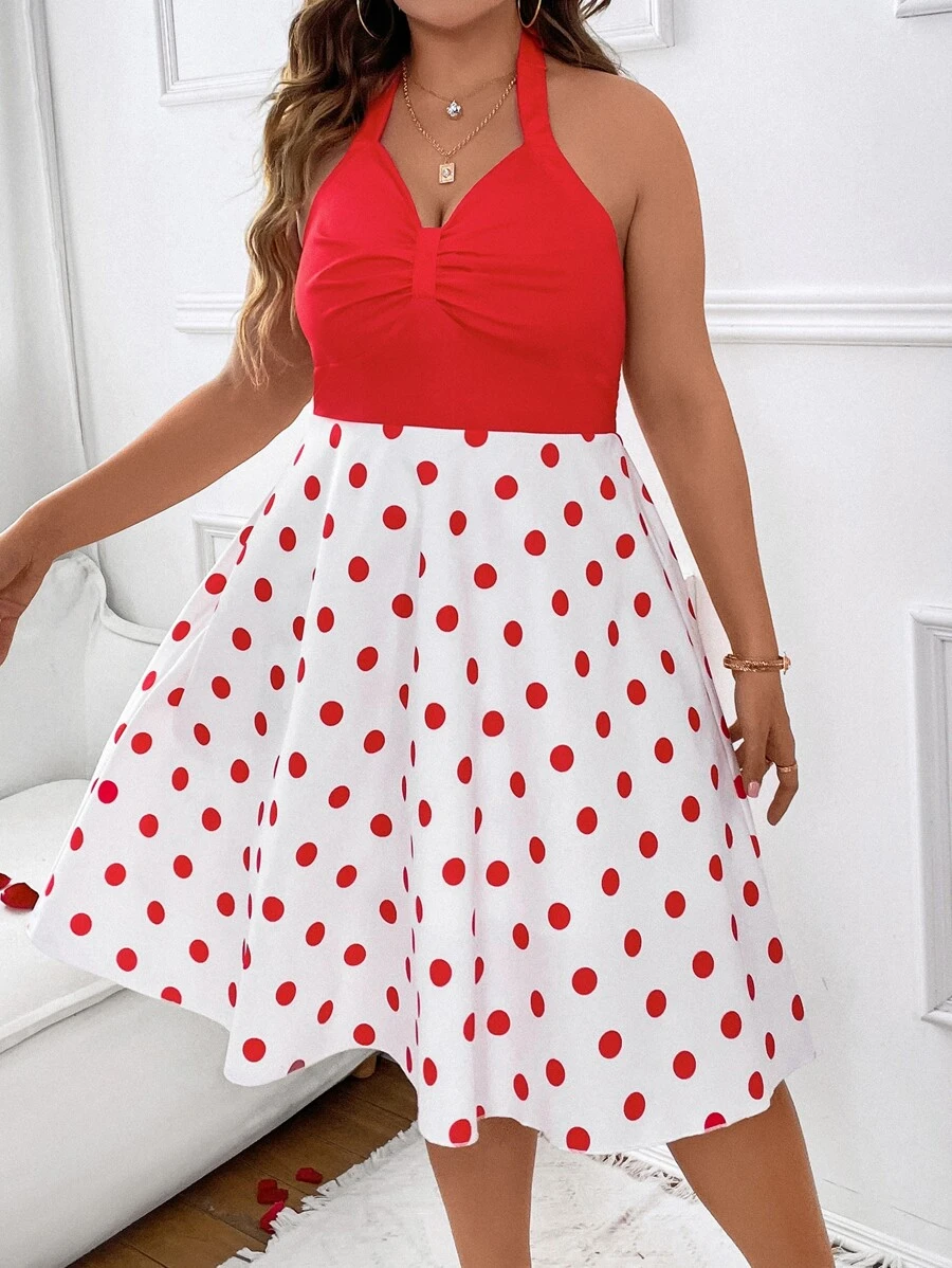 SHEIN Holidaya Vestido halter con estampado de lunares pecho con fruncido - Rojo y blanco - Ver 1