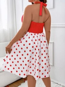 SHEIN Holidaya Vestido halter con estampado de lunares pecho con fruncido - Rojo y blanco - Ver 2