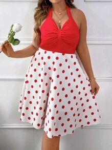 SHEIN Holidaya Vestido halter con estampado de lunares pecho con fruncido - Rojo y blanco - Ver 5
