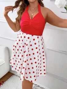 SHEIN Holidaya Vestido halter con estampado de lunares pecho con fruncido - Rojo y blanco - Ver 6