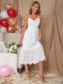 Eilly Bazar 荷葉邊網眼刺繡吊帶連衣裙 - 白色 - 查看 1