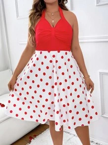 SHEIN Holidaya Vestido halter con estampado de lunares pecho con fruncido - Rojo y blanco - Ver 7